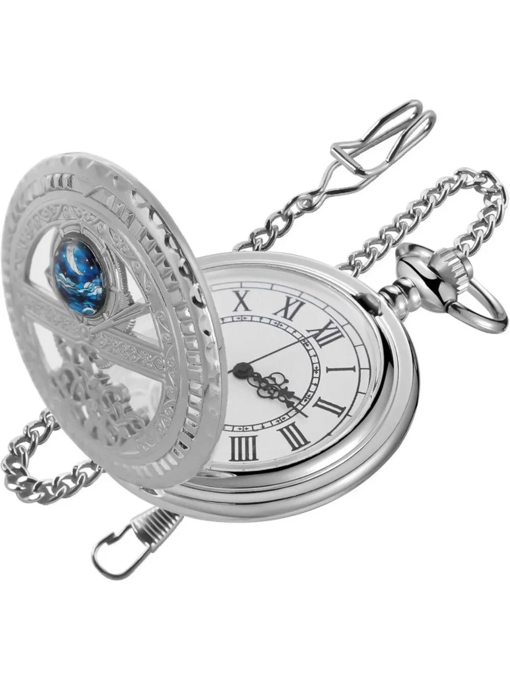 Men's Silver Analog Quartz Arabic Numeral Moon Phase Chain Dial Pocket Watch